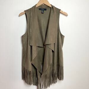 Fringe Boho Festival Vest Medium Faux Suede 70s Hippie Western Draped Open Front